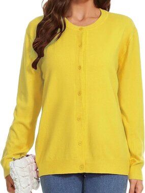 Women's Crewneck Button Down Cardigan Sweater - Yellow
